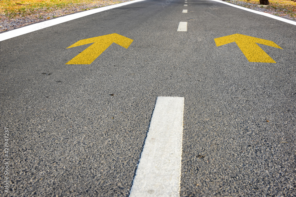 Yellow arrow sign marking on road surface in the park for giving directions. Transportation concept and road trip idea