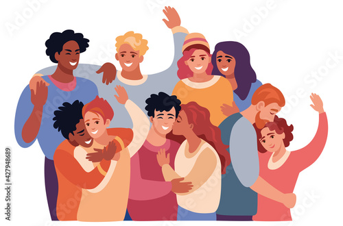 a group of bright young people of different nations and sexual orientation, joyful, they hug and kiss.