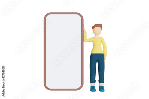 3D illustration of man standing next to a huge phone with blank screen isolated on white background.