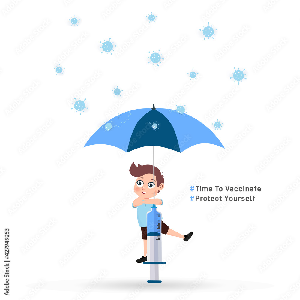 Time to vaccinate design. Syringe, kid, virus and umbrella. Vector, illustration. 