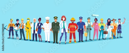 A group of professional laborers. May 1st International Labor Day celebration card. Colorful vector illustration on blue background.