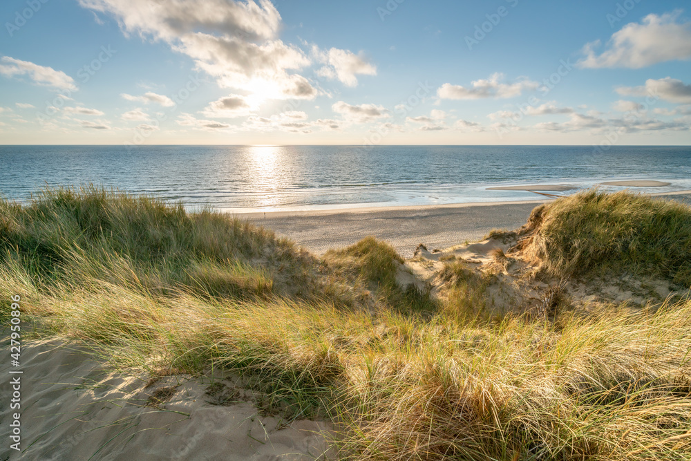 Sunset at the dune beach, North Sea coast, Germany - obrazy, fototapety, plakaty 