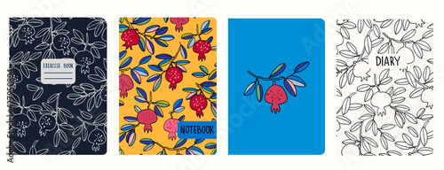 Cover page vector templates with pomegranate tree branches and fruit. Headers isolated and replaceable