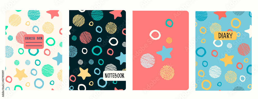 Cover page vector templates with stars, planets, celestial bodies in cartoon style. Headers isolated and replaceable