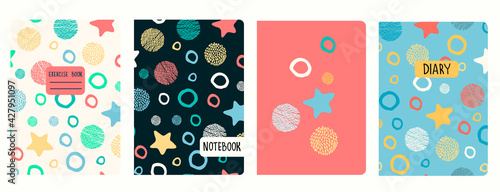 Cover page vector templates with stars, planets, celestial bodies in cartoon style. Headers isolated and replaceable
