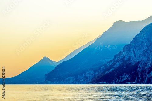 Beautiful peaceful lake Garda, Italy. Sunset.