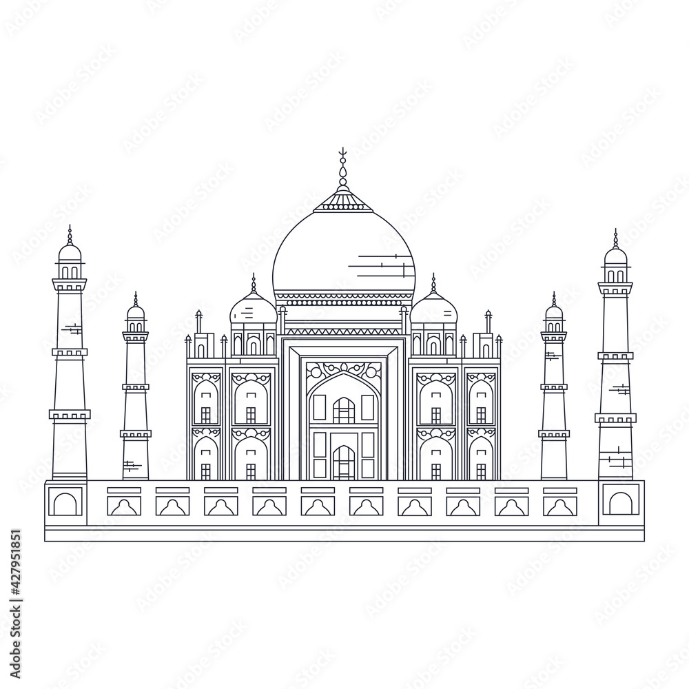 Taj Mahal contour illustration. Symbol of India Taj Mahal vector. A cultural and tourist destination in India. World Historical Landmark
