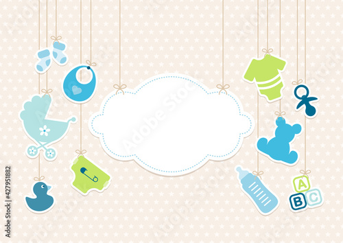 Karte Hängende Wolke Und Babysymbole Junge Blau Grün Sterne Beige