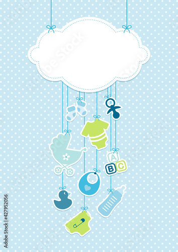 Karte Hängende Wolke Und Babysymbole Junge Blau Grün Punkte