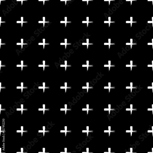 Seamless modern pattern with white hand drawn strokes isolated on black background. Abstract monochrome illustration. Plus symbol. 