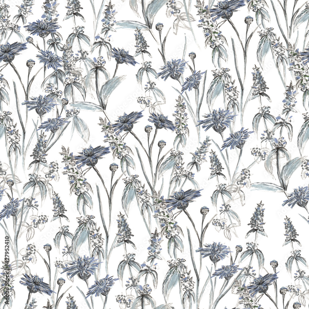 A floral pattern of sage sprigs and cornflowers on a white background. Hand-drawn in mixed media, markers and liners. The illustration is suitable for holiday cards, textiles and design. A floral pattern of sage sprigs and cornflowers on a white background. Hand-drawn in mixed media, markers and liners. The illustration is suitable for holiday cards, textiles and design.