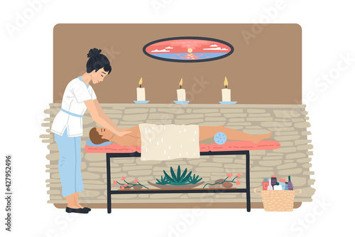 Masseur woman doing massage to the man, massage table and cabinet in the spa beauty salon. Vector illustration