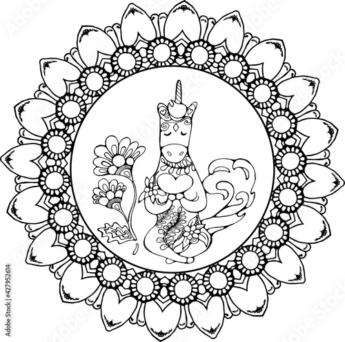 Peaceful unicorn meditates among ornament flowers.