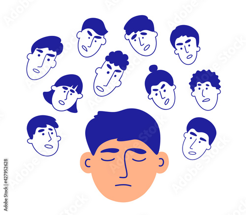 Voices in head. Human faces talk give advice. Social pressure, people criticism, bullying concept. Boundaries violation. Mental addiction of crowd opinion. Psychological influence vector illustration