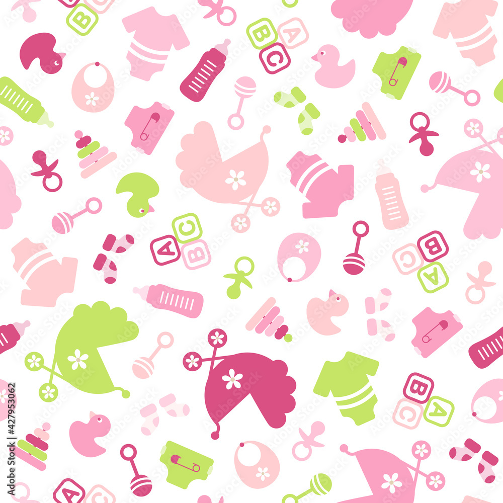 Endlosmuster Gedrehte Babysymbole Mädchen Pink Grün Endlosmuster Gedrehte Babysymbole Mädchen Pink Grün