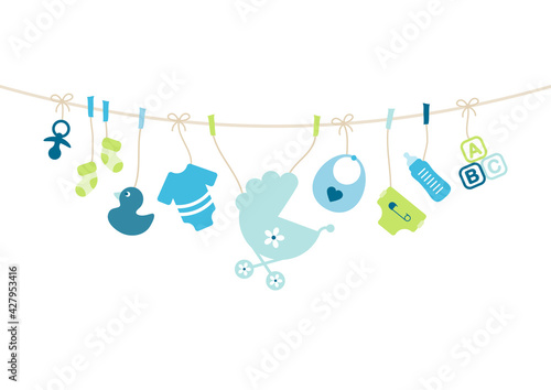 Karte Gebogene Leine Babysymbole Junge Blau Grün