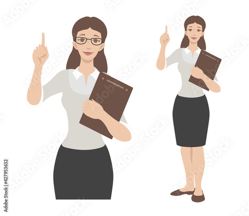 Female office worker holds a clipboard, points with hand. vector illustration flat cartoon style. 
Can be used as a secretary, consultant, lawyer, manager, teacher