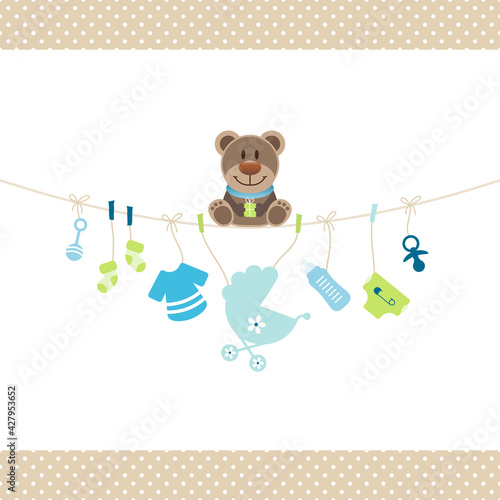Brauner Teddy Gebogene Leine Babysymbole Junge Blau Grün Kanten Punkte Beige