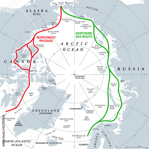 Arctic Ocean sea routes, gray political map. Arctic shipping routes. Northwest Passage and Northern Sea Route. Maritime paths, used by vessels to navigate through the Arctic. Illustration. Vector.