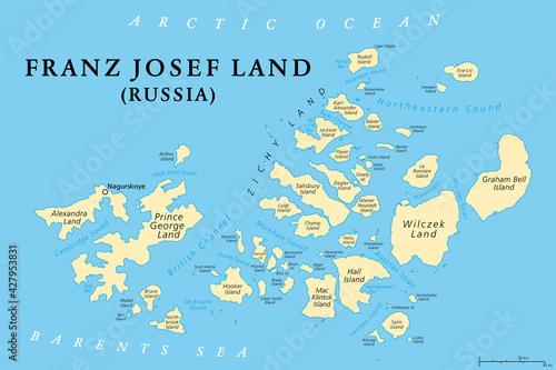 Franz Josef Land, political map. Russian archipelago in the Arctic Ocean, northernmost part of Arkhangelsk Oblast, with largest island Prince George Land, and Nagurskoye air base. Illustration. Vector