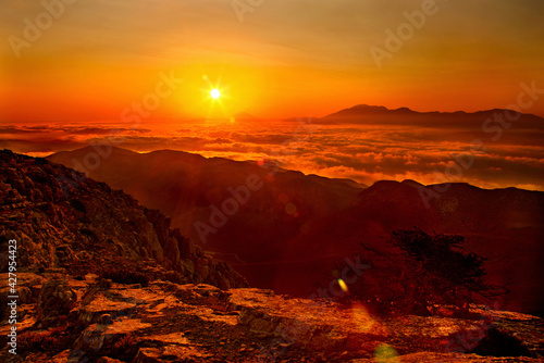 Sunset photo take from the top of Mount Kofinas, Asterousia mountain range, Heraklion, Crete, Greece.