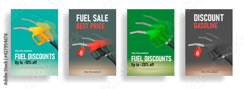 Set of posters for gas station with refuelling gun or nozzel in motion illustration and discounts promo