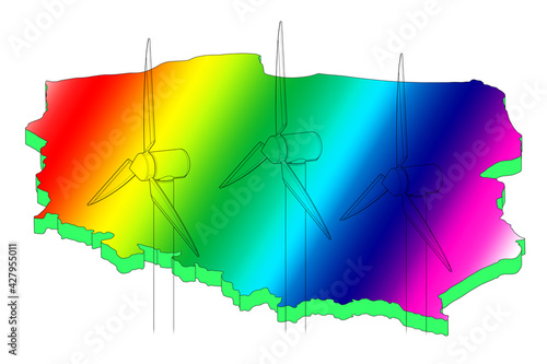Zarysy generatorów wiatrowych turbin na tle kolorowego zarysu mapy Polski w wersji 3D. photo