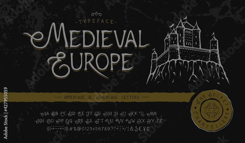 Font Medieval Europe. Craft retro typeface design.