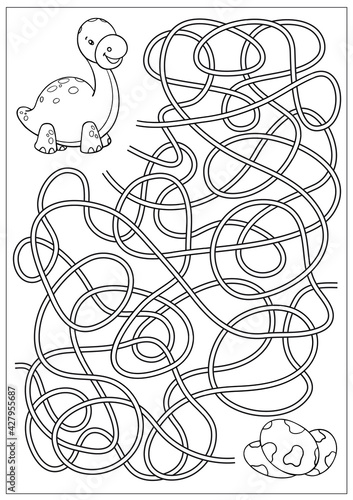 Kids maze game with vector illustration of cute dinosaur. Children worksheet and coloring. Activity page. 