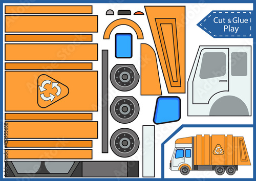 Cut and glue the paper garbage truck. Activity page. Children crafts worksheet. Kids game with cartoon car. Vector illustration.