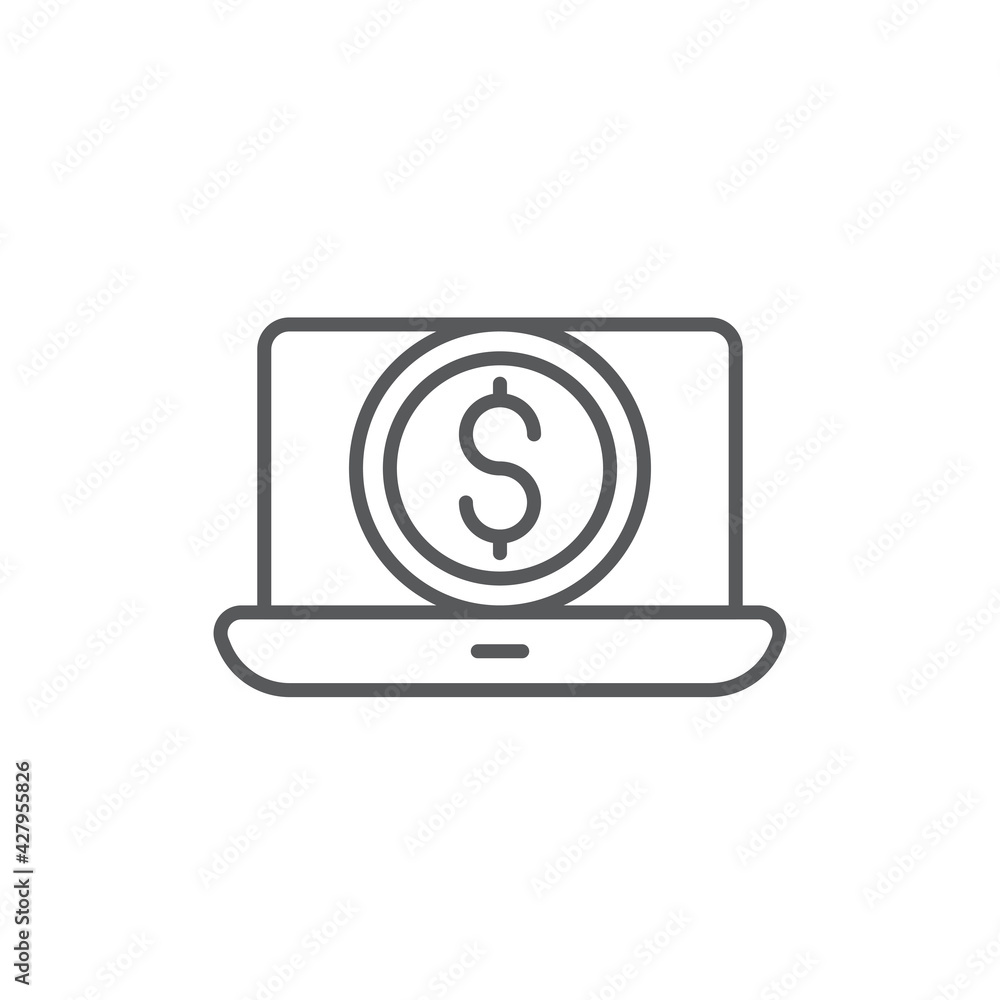 Gold line Laptop with dollar symbol icon isolated on dark blue background. Online shopping concept. Earnings in the Internet, marketing. Gold line Laptop with dollar symbol icon isolated on dark blue background. Online shopping concept. Earnings in the Internet, marketing.