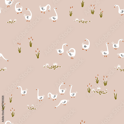 Geese seamless pattern. White Goose in different poses on the pond. Cute vector illustration in simple hand drawn cartoon style. Simple childish cartoon style perfect for textiles, baby shower