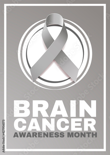 Brain cancer awareness month concept. Banner with text and grey ribbon.  Vector illustration.