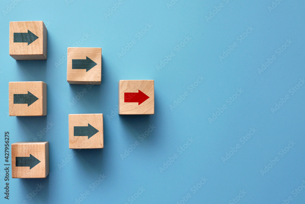 Many white arrows follow one red arrow. Symbol of following the leader straight to the goal Many white arrows follow one red arrow. Symbol of following the leader straight to the goal