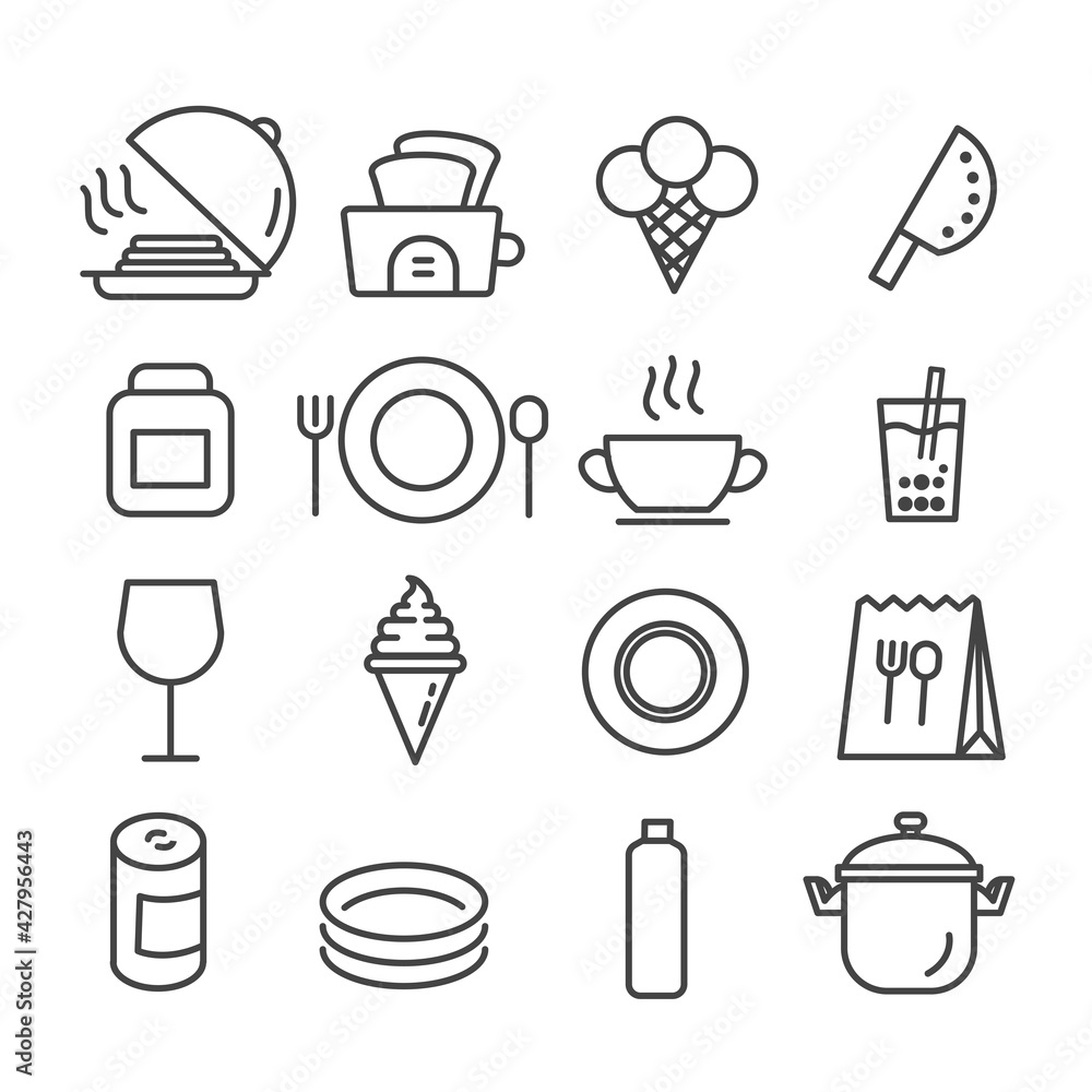 Set of minimal kitchen tools or cooking icon. Food and restaurant concept isolated modern outline on white background Set of minimal kitchen tools or cooking icon. Food and restaurant concept isolated modern outline on white background
