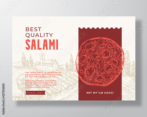 Food Label Template. Abstract Vector Packaging Design Layout. Modern Typography Banner with Hand Drawn Meat Salami Sausage Slice and Rural Landscape Background. Isolated