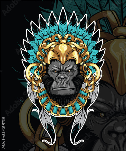 Gorilla on Red indian hat., Vector.