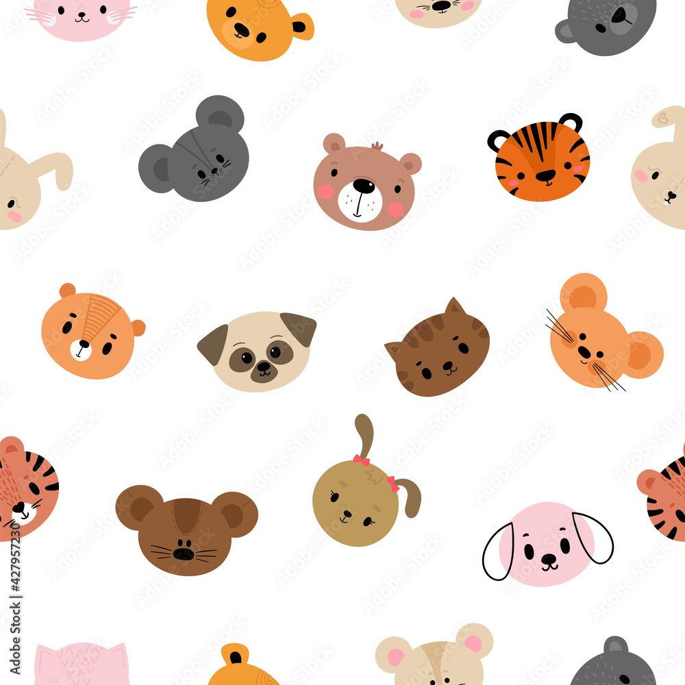 Childish seamless pattern with cute smiley animal faces. Creative baby texture for fabric, nursery, textile, clothes. Sweet flat design