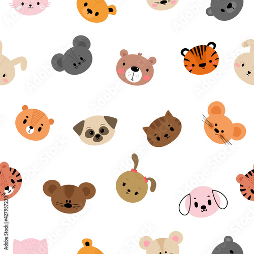 Childish seamless pattern with cute smiley animal faces. Creative baby texture for fabric, nursery, textile, clothes. Sweet flat design