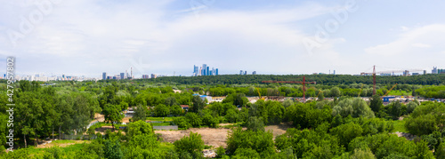 Panoramic view of Moscow on a sunny day, Russia. Picturesque region in the north-west of Moscow city. Terekhovo metro station site