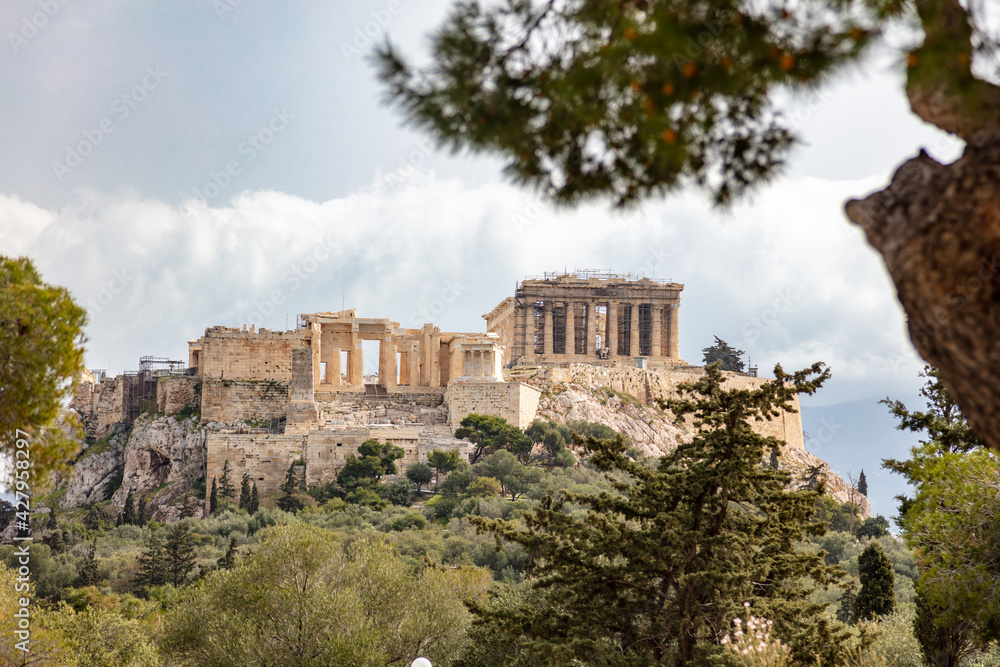 Fototapeta premium Athens, Greece, Acropolis hill, cloudy sky background