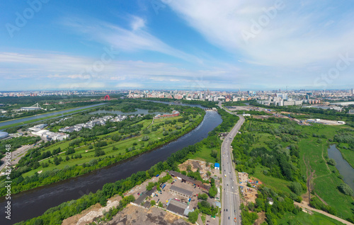 Panoramic view of Moscow on a sunny day, Russia. Picturesque region in the north-west of Moscow city. Terekhovo metro station site © miklyxa