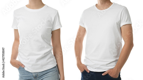 Closeup view of people in t-shirts on white background, collage. Space for design