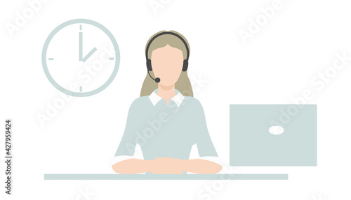 Call center operator flat Concept vector illustration. Woman with headphones and microphone with laptop.