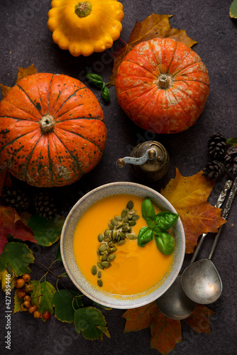 Autumn pumpkin spice soup with pumpkin seeds and olive oil