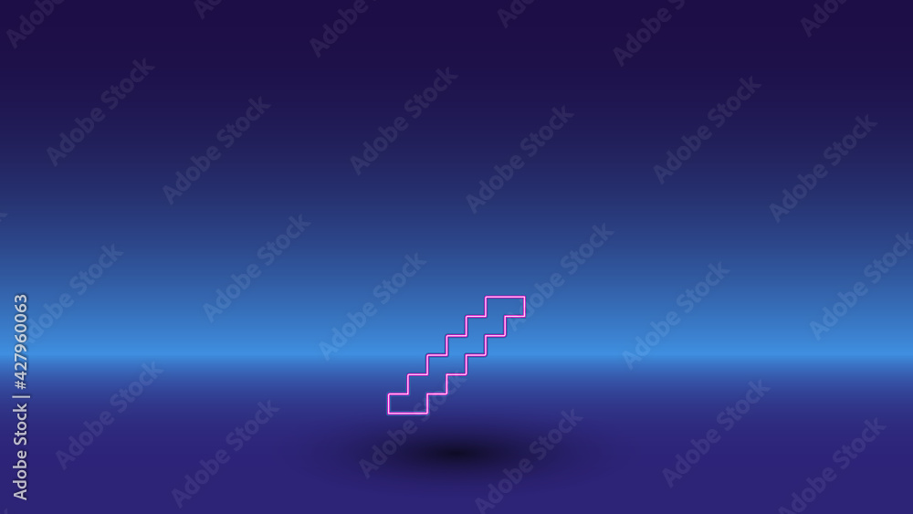 Neon stairs symbol on a gradient blue background. The isolated symbol is located in the bottom center. Gradient blue with light blue skyline Neon stairs symbol on a gradient blue background. The isolated symbol is located in the bottom center. Gradient blue with light blue skyline