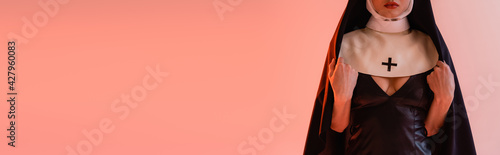 Canvas Print cropped view of young nun in sexy dress on pink background, banner