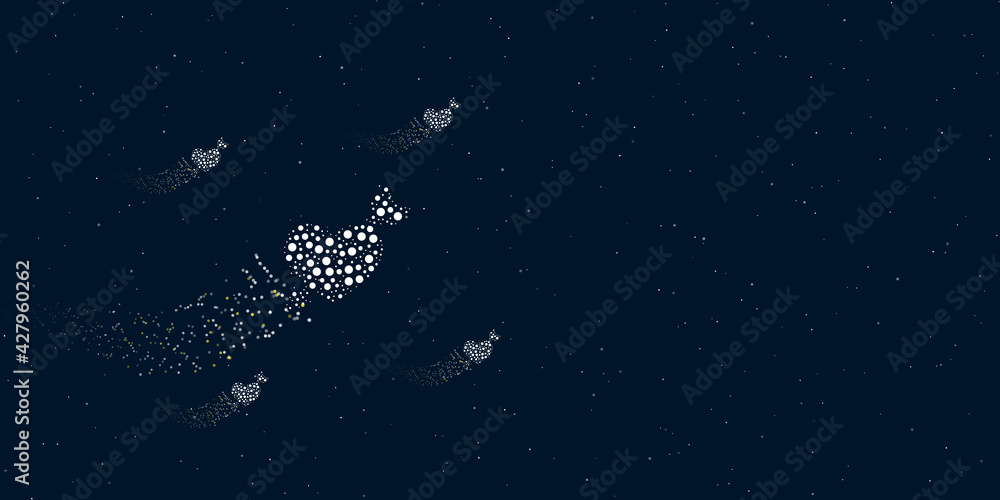 A cupid arrow symbol filled with dots flies through the stars leaving a trail behind. There are four small symbols around. Vector illustration on dark blue background with stars