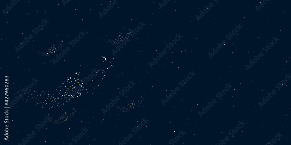 A dynamite symbol filled with dots flies through the stars leaving a trail behind. Four small symbols around. Empty space for text on the right. Vector illustration on dark blue background with stars