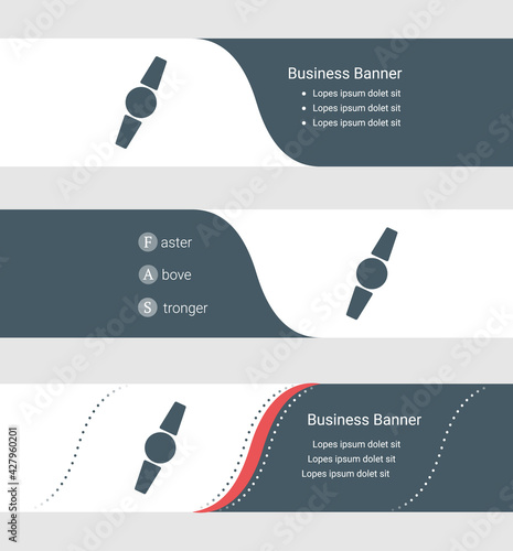 Set of blue grey banner, horizontal business banner templates. Banners with template for text and wristwatch symbol. Classic and modern style. Vector illustration on grey background
